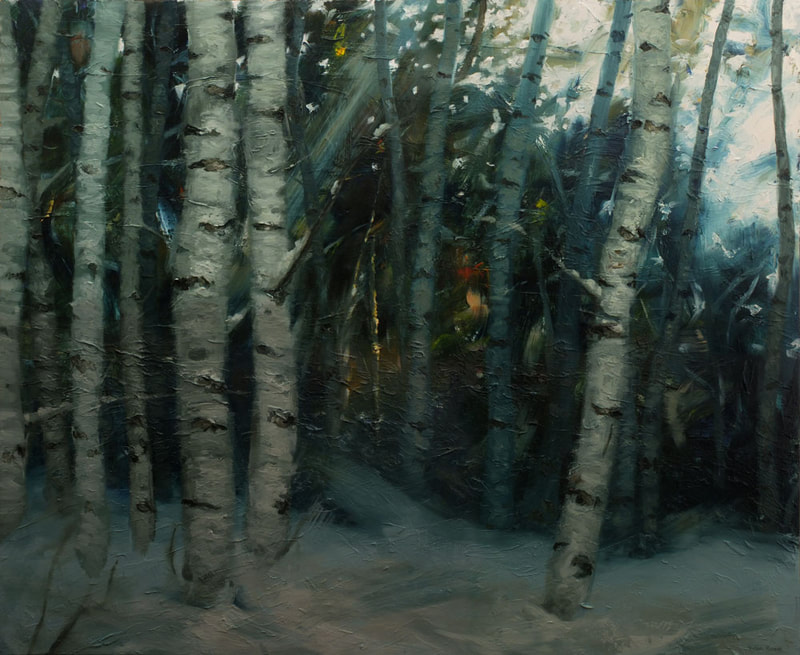 An oil painting of silver birches in a winter wood by Julian Rowe. 